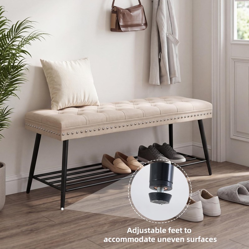 Thick Cushioned Shoe Bench, Entryway Bench with Metal Shoe Rack,