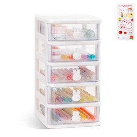 Desk Organizer with Drawer, Stackable Makeup Organizer White, Small Plastic Storage Box for Desktop, Bathroom Counter or Dresser, School, Home, Office (5 Tier)