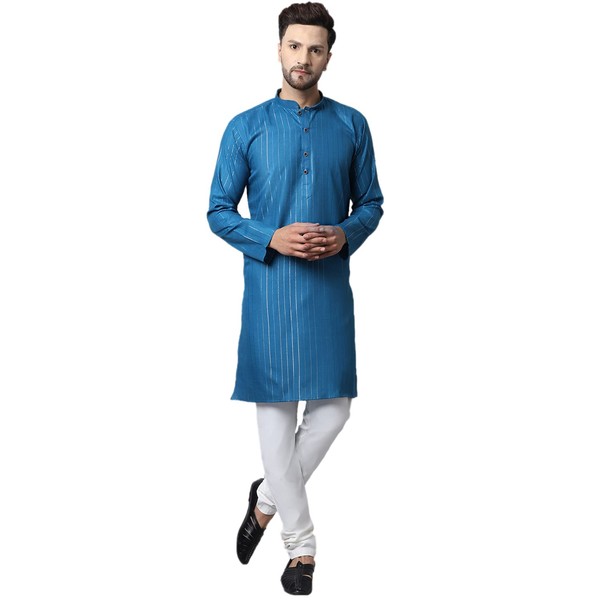 Conjunto de pijama kurta largo de algodón para hombre, estilo indio, casual, ropa de yoga, Kurta para hombre, ropa tradicional impresa de algodón, conjunto de kurta, Azul, Large
