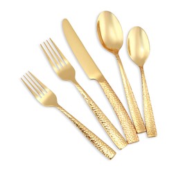 Kelenfer Silverware Set Flatware Set Gold Hammered Handle Cutlery Set Stainless Steel Shiny Mirror Polished Brass 20 Pieces Dishwasher Safe Service for 4