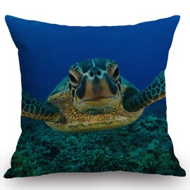Swono Sea Turtle Cotton Linen Throw Pillow Case Cushion Cover Home Office Decorative for Sofa Living Room Square 18 X 18 Inches
