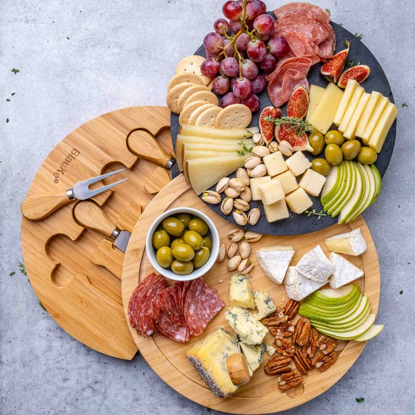 Round Bamboo Cheese Board With Knife Set and Removable Slate