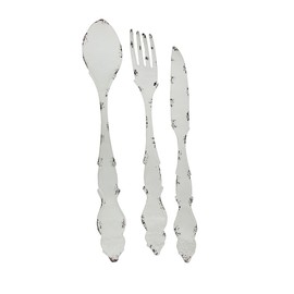 Rustic White Finish Metal Knife, Fork, and Spoon Wall Art: Decorative Utensil Set for Farmhouse Kitchen Decor, 30 Inches High – Vintage Charm and Elegance for Your Home