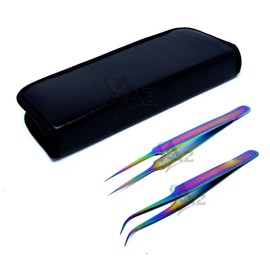 SET OF 2 Stainless Steel Multi Titanium Rainbow Color 3D Eyelash Extension Tweezers A type Straight + Strong Curved Fine Point (A2Z)