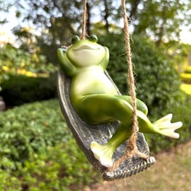H&Zebrabro Garden Frog Decor – Cute Hanging Frog Ornament on Swing, Adorable Sleeping Frog Figurine for Indoor Rods/Hooks/Outdoor Yard Trees, Whimsical Garden Decor