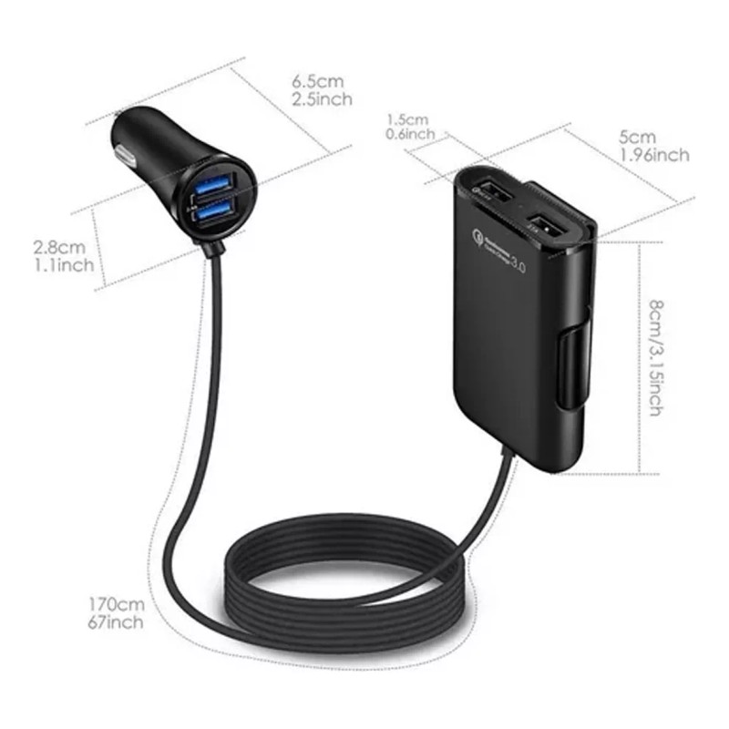 THE9SHOP Combo Cargador Para Auto 3.1a 2+2usb Ampliar Cable V8