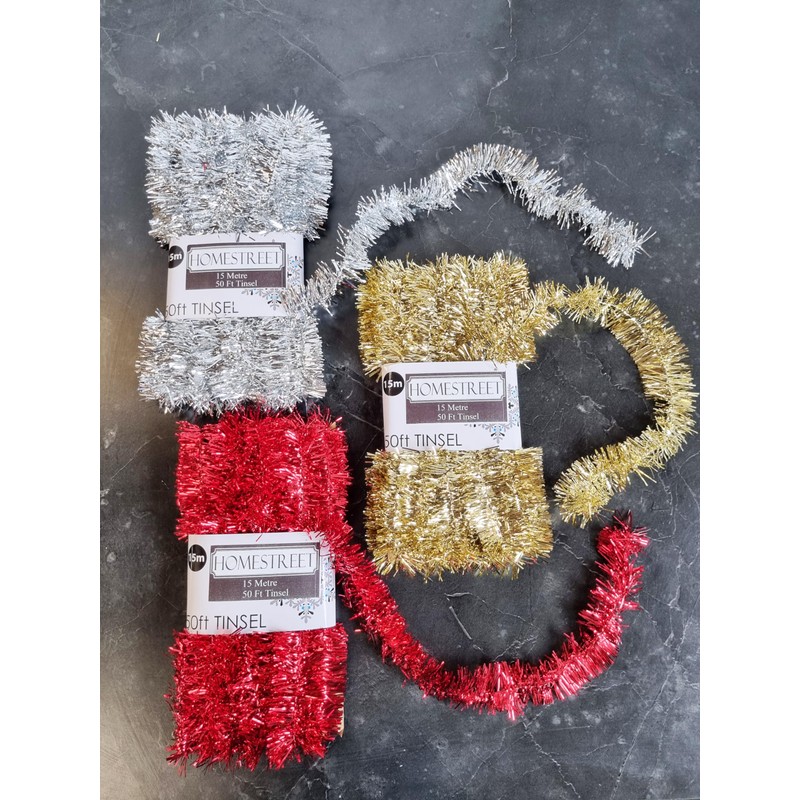 Very Long Christmas Tinsel in Red, Gold Or Silver, 50