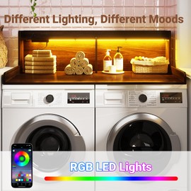 Aheaplus Washer and Dryer Countertop, 2-Tier Laundry Countertop Cover with LED Lights and Power Strip, Large Space Laundry Topper with Shelf for Laundry Room Organization, Brown