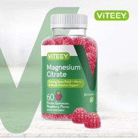 Viteey Magnesium Citrate Gummies for Adults & Teens - 66mg, Supports Calm Mood, Optimal Relaxation, Muscle Function - Vegetarian, Gelatin Free, GMO Free - Tasty Chewable Raspberry Flavored
