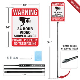 T&R Large Video Surveillance Signs with 54" Stake, Private Property No Trespassing - 14"x10" .040 Rust Free Aluminum, Reflective, Waterproof and Fade Resistant, 2 pre-drilled holes, Includes Matching