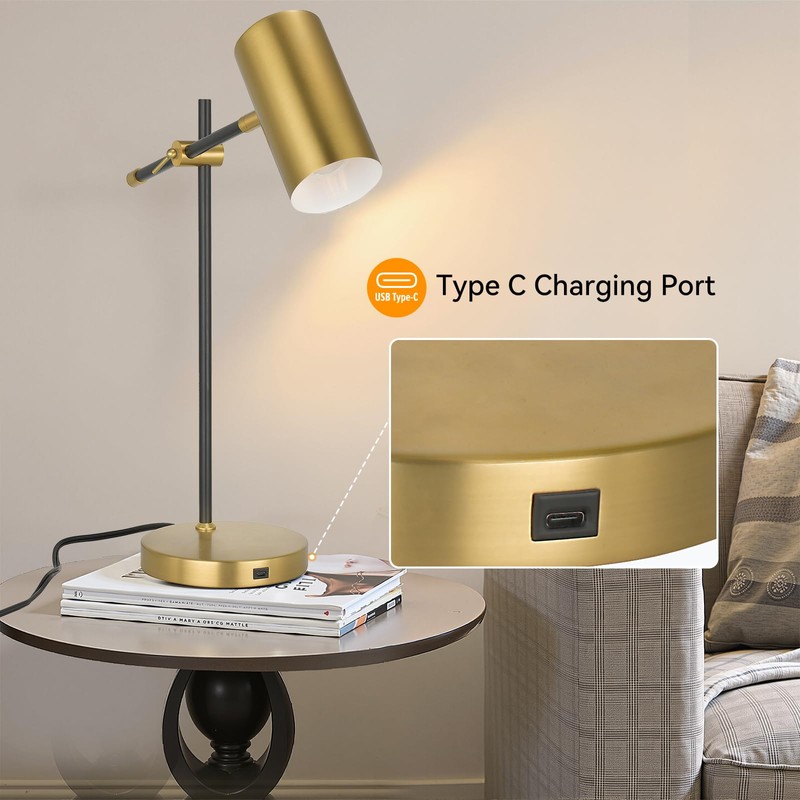 Folux Modern Industrial Working Table Lamp, Minimalist Desk Lamp, Gold