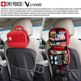 LIVANS Tactical Molle Medical Pouch of Upgraded Size, First Aid Large Capacity IFAK EMT Detachable Quick Release with Headrest Mount Include Flag and Cross Patch, Red, Free Size