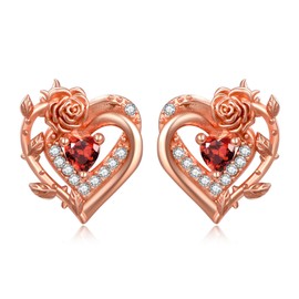 Rose Stud Earrings for Women Sterling Silver Rose Gold Heart Stud Earrings January Birthstone Stud Earrings Rose Garnet Stud Earrings Rose Stud Jewellery Gifts for Women