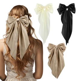 Nogeqi 3 Pcs Bows for Hair,Satin Big Hair Bows,Large Hair Bows with Spring Clip,Ribbon Bows for Hair,Coquette Accessories,Hair Styling Accessories for Women and Girl(Black Brown White)
