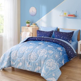 Menghomeus Queen Size Comforter Set for Boys Girls 7 Pieces Bed in A Bag Ombre Blue Rainbow Bedding Set Dandelion Butterfly Print Kids Teen Bedding Collections