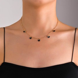 Allereya Vintage Butterfly Dangle Necklace Butterfly Pendant Necklace Tiny Butterfly Necklace Black Enamel Butterfly Choker Necklace Jewelry for Women and Girls