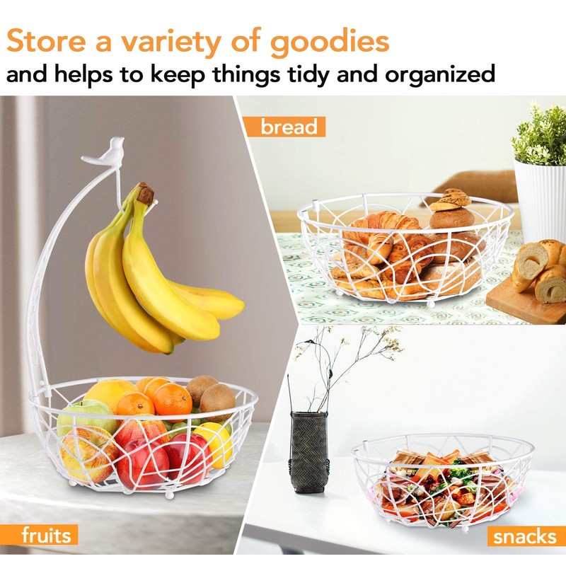 Buruis Fruit Basket Bowl with Banana Hanger, Modern Bird Design