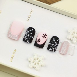 Snowflake Press on Nails Medium Square Fake Nails Black French Tip Nails Press ons Silver Glitter Acrylic Nails Short Stick on Nails Snowflake Glue on Nails for Women Girls 24Pcs