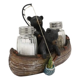 Ebros Gift 7" Wide Rustic Forest 2 Black Bear Siblings Fishing Bass With Net And Rod In Canoe Boat Glass Salt And Pepper Shakers Holder Statue Kitchen Dining Centerpiece Figurine