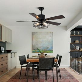 52" Farmhouse Ceiling Fan with Light and Remote, Industrial Caged Ceiling Fan with Light, Black Rustic Retro Chandelier Fan with 5 Reversible Wood Blades for Dining Room Living Room Bedroom