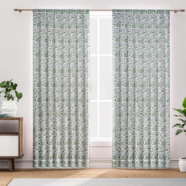 CPC Curtains 100% Cotton Block Print Pattern Curtain, 52"x84"Farmhouse Drapes for Living Room, Easy Hanging with a Rod Pocket, Semi Sheer Floral Curtains for Kitchen, Backdoor, Cottage, Café-Pack of 2