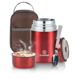 Dreamhigh® Thermal Food Container, 800 ml, Stainless Steel Food Warming Container, Food Thermos Flask, Leak-Proof, Includes Spoon, Hot for 12 Hours, Cold for 12 Hours (Red)