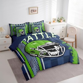 American Football City Bed in a Bag Queen Comforter Set 7 Piece,Football Sports Ball Game Bedding Set,Teen Rugby Helmet Sheet Set Competitive Games European Sport Bed Set,Blue Green (Seattle)
