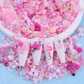 Sinyanail 300pcs Nail Art Charms Kit,Over 100pcs Mixshape Resin Nail Gems and 100 pcs Mixed Flatback Nail Rhinestones Pearls with Over 100pcs Nail Sequins for Nail Art Accessories (Pink)