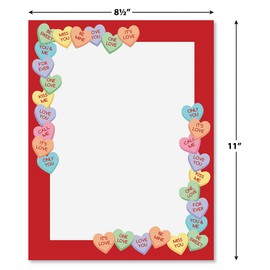 Candy Hearts Letter Paper - Decorative Stationery With Heart Border, Printable Valentine's Day, Wedding & Bridal Shower, & Invitation Letterhead Sheets, Set of 25, 8 1/2" x 11"