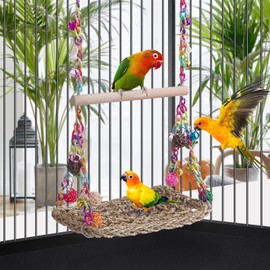 FrgKbTm Bird Swing Toys with Wood Perch, Seagrass Woven Parrot Platform Bird Climbing Hanging Hammock Bird Perch Stand Chewing Toy for Parakeets,Budgie, Conure, Cockatiel,Lovebird