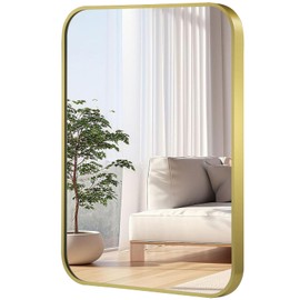 JENBELY 16x20 Inch Gold Mirror, Framed Rectangle Mirror with Rounded Corner, Brushed Brass Mirror, Gold Bathroom Mirror for Over Sink, Vanity, Living Room, Bedroom, Horizontal/Vertical