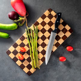 Wood Cutting Board Butcher Block, Wooden Chopping Board with Checkerboard Pattern and Inner Side Handles Meat Cheese Charcuterie Board, Ideal for Chopping, Slicing, and Dicing 15 * 8 inch