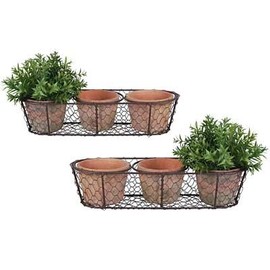 Set of 2 Esschert Design Aged Terracotta Triple Flower Pots with Baskets