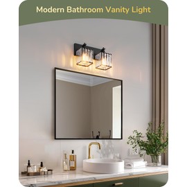 EDISHINE Bathroom Vanity Light Fixtures, 2 Light Crystal Bathroom Lighting Fixtures Over Mirror, Modern Wall Sconce for Powder Room, Bedroom, E26 Base, Black