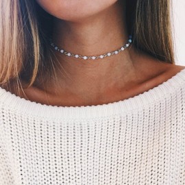 Aneneiceera Boho Opal Choker White Beaded Necklace Satellite Silver Chain Tiny Gem Short Necklace Wedding Necklace Fashion Jewelry Gift for Women and Girls
