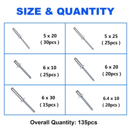 Gueenky 135 Pieces Rivets Aluminium 5/6/6.4 mm 6 Sizes Silver Blind Rivets Set Pop Rivets Assortment with Storage Box for Metal Wood Plastic