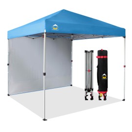 CROWN SHADES CROWN SHADES 8x8 Pop Up Canopy with 1 Side Wall - Beach Tent with One Push Setup - Outdoor Sun Shade for Events, Parties, Camping - Gazebo with STO-N-Go Cover Bag (Sky Blue)