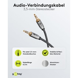 goobay 65272 Audio 3.5 mm Stereo AUX Cable 0.5 m / Jack Cable for Headphones, Car Radio, PC, Tablet, Speaker Speaker Cable / Gold-Plated Connection