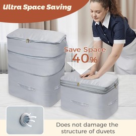 2024 Ultra Space Saving Self Compression Organizers, Double Zipper Compression Packing Cubes for Bedding, Extra Large Comforter Storage Bag for Blankets Duvet Quilts Pillows Queen King (Beige, XL)