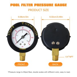 Upgraded Pool Filter Pressure Gauge 2" Dial 60psi 1/4" NPT Bottom Mount, Pool Pump Pressure Gauge Replacement for Swimming Pool, Spa and Aquarium Valve Filter by JRSHOME