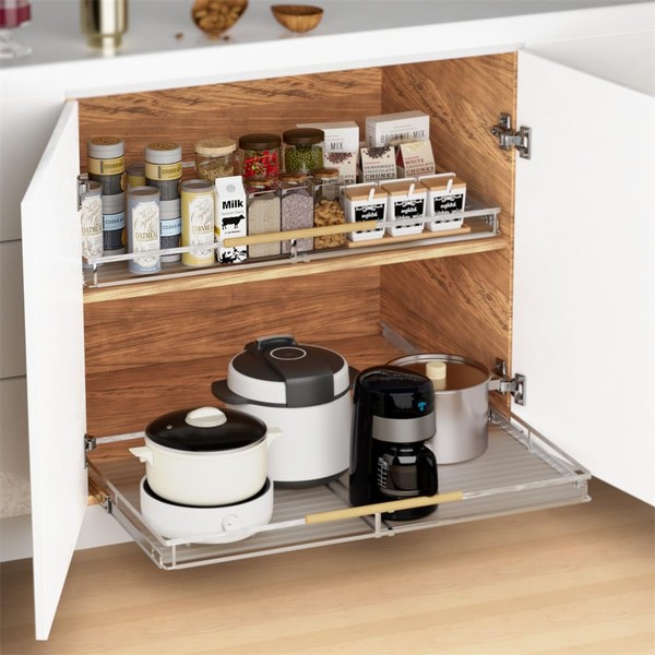 SANNO Pull Out Cabinet Organizer,Slide Out Cabinet Drawer, Bottom-Mounted Cabinet