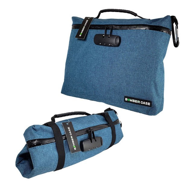 BOMBER CASE - Extra Large Premium Locking Smell Proof Bag, Adjustable Straps, Odor Proof, Carbon Lined, Lockable Pouch or Storage Case, Blue