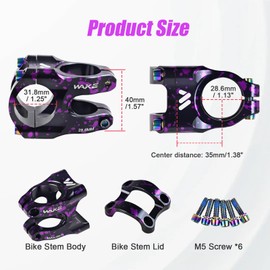 ROADNADO Bicycle Stem 31.8 mm Handlebar 35 mm Short MTB Stem Aluminium Alloy CNC Lightweight 0 Degree Bicycle Stem for MTB, BMX, Mountain Bike, Road Bike (Black Purple Camouflage)