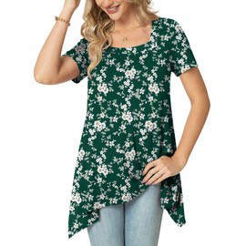 POPYOUNG Womens Casual Tunic Tops Short Sleeve Ladies Longline Tunic Blouse Shirts Square Neck Dress Floaty Long Tops to wear with Leggings L, FL Floral-Green