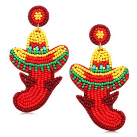 NLCAC Cinco De Mayo Earrings Beaded Fiesta Sombrero Chili Pepper Cactus Taco Drop Dangle Earrings Mexican Holiday Party Jewelry for Women (Sombrero Pepper)