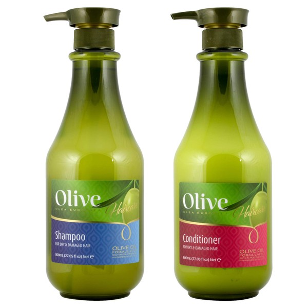 Cleansing Olive Shampoo and Conditioner Set by Frulatte with Organic Olive Oil for dry and damaged hair. 2 x 27 fl. Oz. bottles