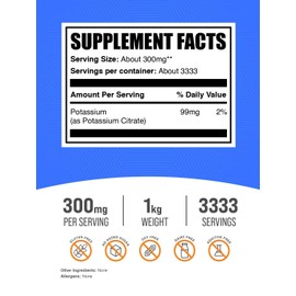 BulkSupplements.com Potassium Citrate Powder - for Hydration Support, Mineral Supplement, Potassium 99mg - Gluten Free, 300mg per Serving, 1kg (2.2 lbs) (Pack of 1)