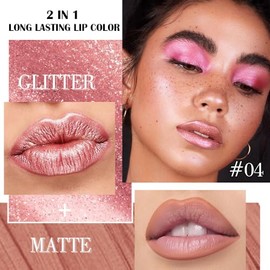 Kaely Lápiz labial y delineador de labios metálico 2 en 1, color oro rosa, lápices labiales metálicos líquidos brillantes para mujeres, tinte de brill