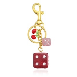 Atifober Red Dice Keychain, Cute Gold Dice Bag Charm Lucky Magic Charms with Cherry for Purse Handbag Backpack Car Key Chain Bag Accessories for Women Men