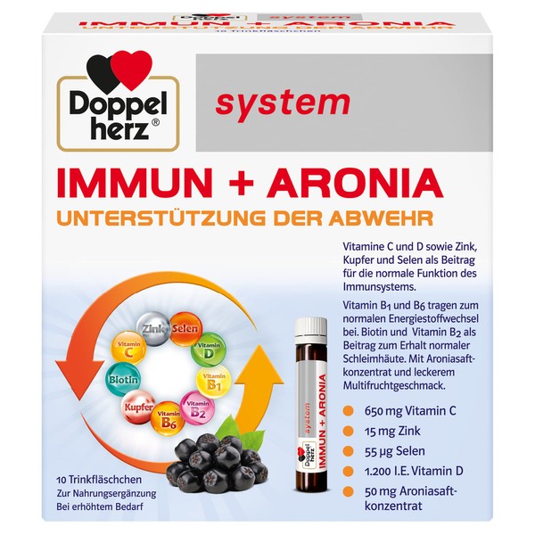 Doppelherz System Immune + Aronia - Support of Defence - Vitamin C, Vitamin D, Zinc and Selenium Contribute to the Normal Function of the Immune System - 10 Drinking Bottles
